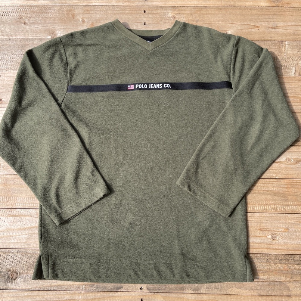 VTG Y2K Polo Jeans Co Ralph Lauren Fleece Pullover Olive Green Logo Tape Large